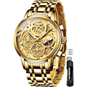 Mens Watch Luxury Analog Quartz Wrist Watches Stainless Steel Waterproof-Gold